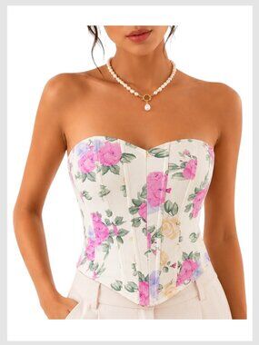 ZARA Floral Corset Top Cream Strapless Bustier XS